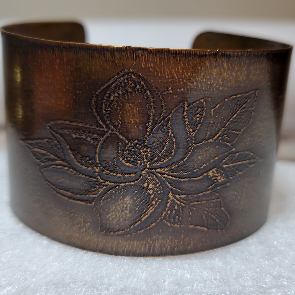 Artist Made Solid Copper Lotus Flower Floral Wide Glamorous Cuff Bracelet